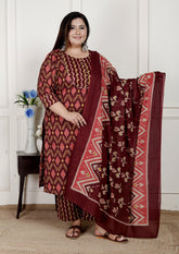 Plus Size Black Cotton Printed Kurta Pant Set with Dupatta-200076